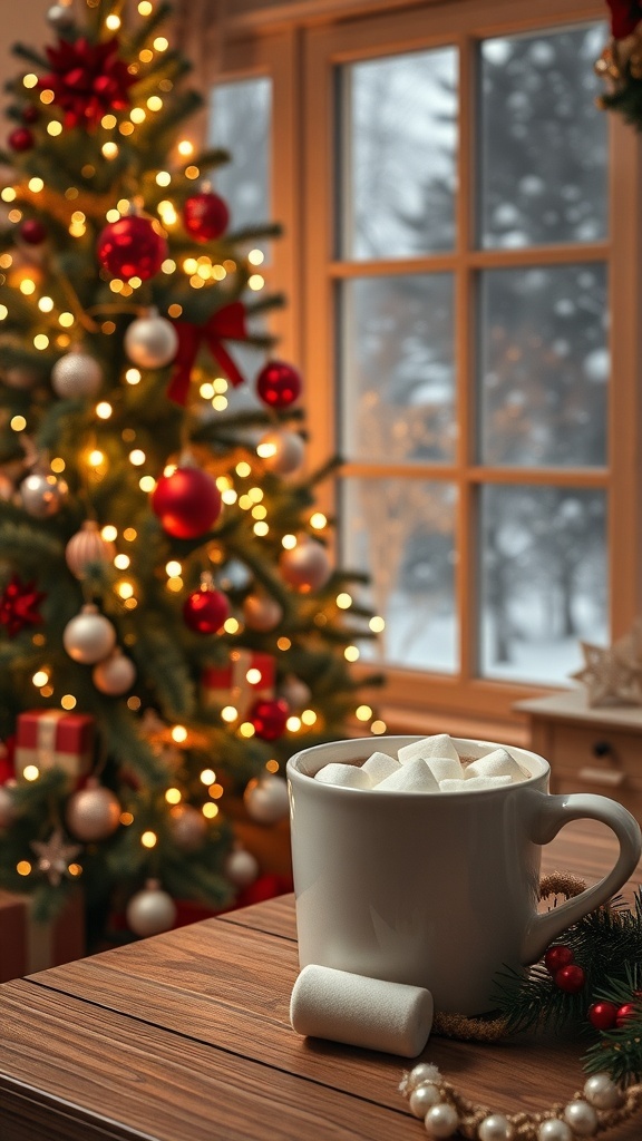 Inspirational Christmas Quotes for Aesthetic Wallpaper A warm Christmas scene with a decorated tree, snowflakes outside a window, and a cup of cocoa on a table.
